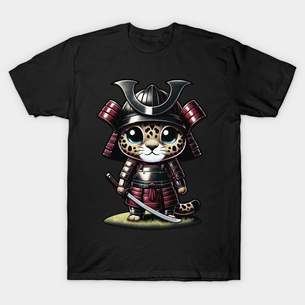 Kawaii Samurai Cute Animal Cub Jaguar with Katana Warrior T-Shirt by EmuftyDesign